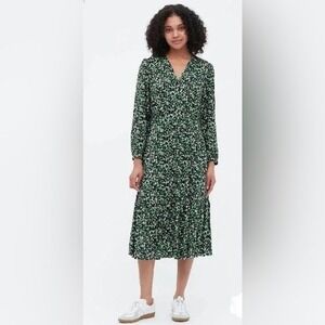 Uniqlo Floral Midi Dress V‎ Neck Black Green Button Front Tie Waist S Small